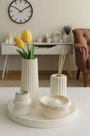 Dekoratif Beton Set – Vazo, Mumluk, Oda Kokusu ve Tepsi | Minimalist Ev Aksesuarları