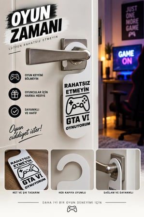 Rahatsız Etmeyin GTA VI 6 Oynuyorum Yazılı Kapı Kolu Askısı - Oyuncu Odası Dekoratif Kapı Süsü - Gaming Kapı İkaz Levhası | 3D Baskı Özel Gamer Hediyesi