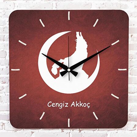 Kişiye Özel Bozkurt Tasarımlı Hediye Ahşap Saat 33cm KA01-1390