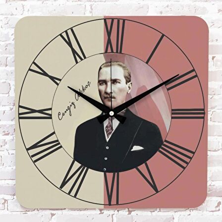 Kişiye Özel Atatürk Tasarımlı Hediye Ahşap Saat 33cm KA01-1447