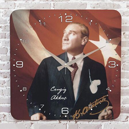 Kişiye Özel Atatürk Tasarımlı Hediye Ahşap Saat 33cm KA01-1475