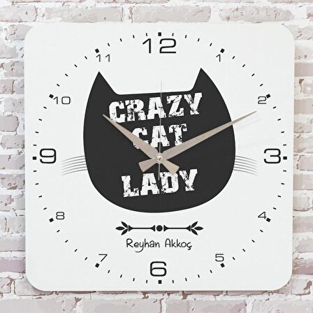 Kişiye Özel Crazy Cat Lady Tasarımlı Hediye Ahşap Saat 33cm KA01-1714