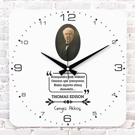 Kişiye Özel Thomas Edison Tasarımlı Hediye Ahşap Saat 33cm KA01-1729