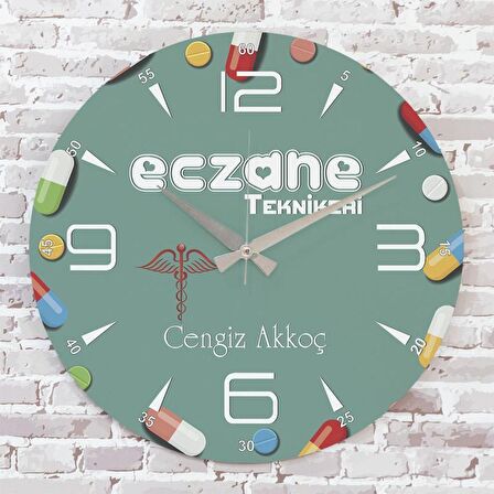 Eczane Teknikerine Hediye Ahşap Saat 33cm  KA02-1131
