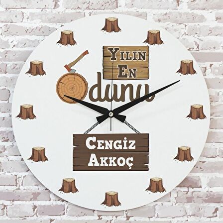 Kişiye Özel Yılın En Odunu Hediye Ahşap Saat 33cm  KA02-1191