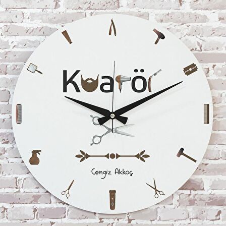 Erkek Kuaförüne Hediye Ahşap Saat 33cm  KA02-1201