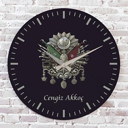 Kişiye Özel Osmanlı Tuğrası Tasarımlı Hediye Ahşap Saat 33cm  KA02-1386