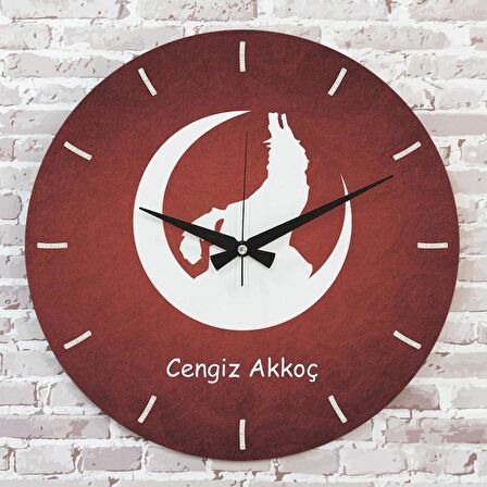 Kişiye Özel Bozkurt Tasarımlı Hediye Ahşap Saat 33cm  KA02-1388