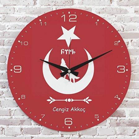 Kişiye Özel Bozkurt Tasarımlı Hediye Ahşap Saat 33cm  KA02-1394