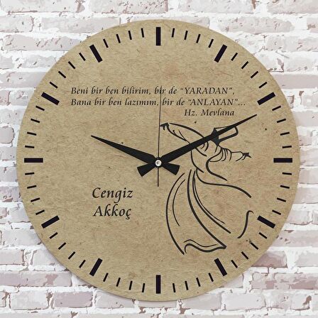 Kişiye Özel Hz. Mevlana Tasarımlı Hediye Ahşap Saat 33cm  KA02-1401
