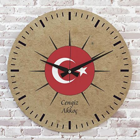 Kişiye Özel Türk Bayrağı Tasarımlı Hediye Ahşap Saat 33cm  KA02-1407