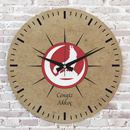 Kişiye Özel Bozkurt Tasarımlı Hediye Ahşap Saat 33cm  KA02-1411