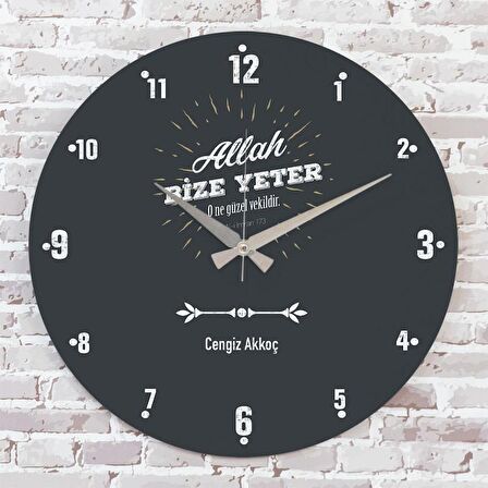 Kişiye Özel Allah Bize Yeter Tasarımlı Hediye Ahşap Saat 33cm  KA02-1424