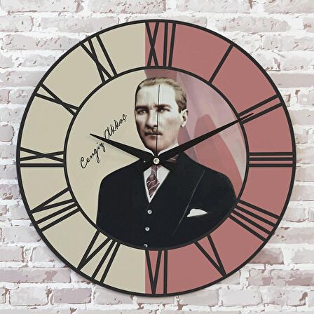 Kişiye Özel Atatürk Tasarımlı Hediye Ahşap Saat 33cm  KA02-1443