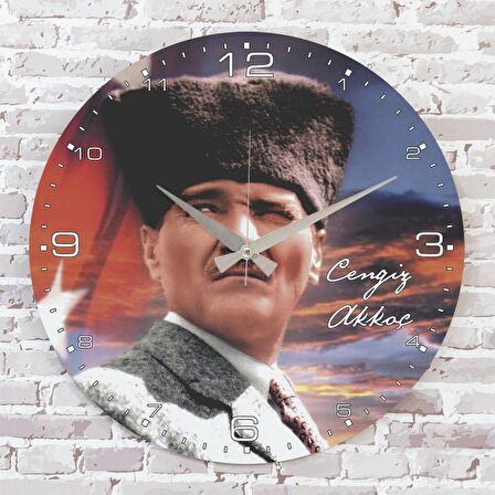 Kişiye Özel Atatürk Tasarımlı Hediye Ahşap Saat 33cm  KA02-1467