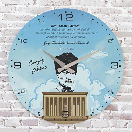 Kişiye Özel Atatürk Tasarımlı Hediye Ahşap Saat 33cm  KA02-1478