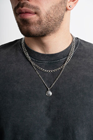 İki Zincir Çelik Minimal Madalyon Kolye