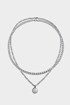 İki Zincir Çelik Minimal Madalyon Kolye