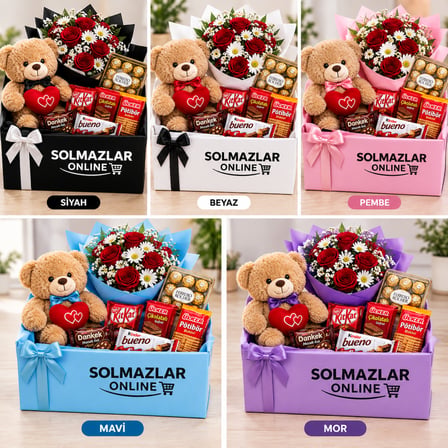 Ayıcık Çiçek Çikolata Hediye Kutusu – 5 Renk Seçeneği (Siyah, Beyaz, Pembe, Mavi, Mor) | Solmazlar Online