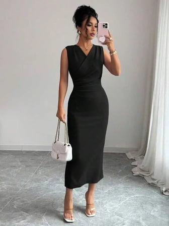 Kadın Kolsuz Kruvaze Yakalı Midi Janjan Krep Elbise