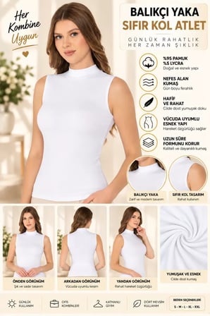 Kadın Balıkçı Yaka Sıfır Kol Atlet Beyaz, Esnek Kumaş, Vücuda Oturan Basic Kolsuz Body - ryl - 2614
