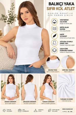 Kadın Balıkçı Yaka Sıfır Kol Atlet Beyaz, Esnek Kumaş, Vücuda Oturan Basic Kolsuz Body - ryl - 2614
