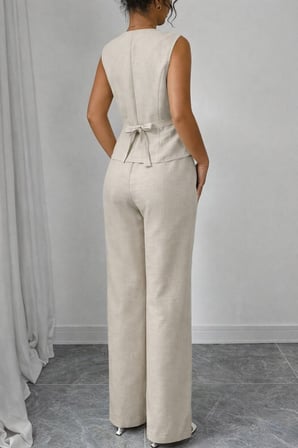 Kadın Askılı önden Düğmeli Bluz Ve Pantolon Keten Ikili Takım 2XL Bej