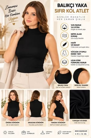 Kadın Balıkçı Yaka Sıfır Kol Atlet Siyah, Esnek Kumaş, Vücuda Oturan Basic Kolsuz Body - ryl - 2614