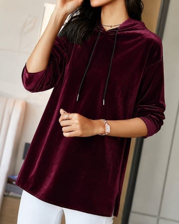 Kadın Uzun Kollu Kapşonlu Bağcıklı Kadife Uzun Bluz