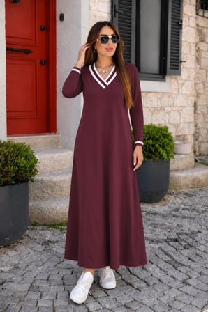 Kadın Uzun Kollu V Yakalı Cepli Uzun Viskon Iki Iplik Elbise