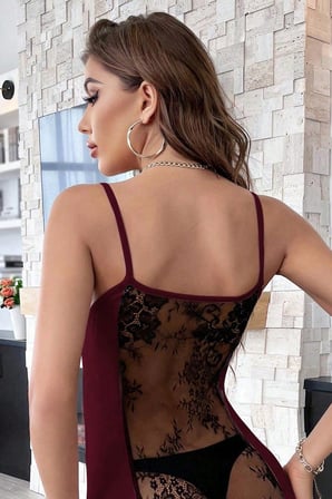 Kadın Bordo Sırt Kısmı Komple Dantelli Mini Gecelik H110458