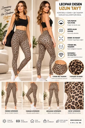 Kadın Leopar Desenli Yüksek Bel Uzun Tayt – %92 Pamuk %8 Lycra, Esnek Kumaş - ryl - 3005