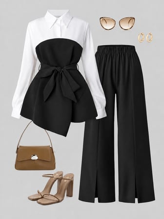 Kadın Uzun Kollu Yakalı üst Kısmı Trikoton Asimetrik Detaylı Belden Kuşaklı Ithal Krep Bluz Ve Yırtmaçlı Pantolon Ikili Takım