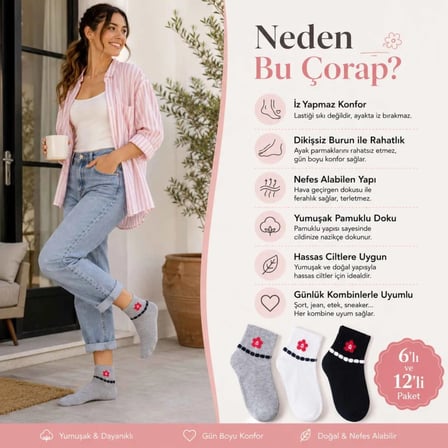 Kadın Çiçek Desenli Kısa Konç Çorap 12`li Paket, %80 Pamuklu Dikişsiz Burun, Nefes Alan Yumuşak Bilek Çorabı, Gri Siyah Beyaz