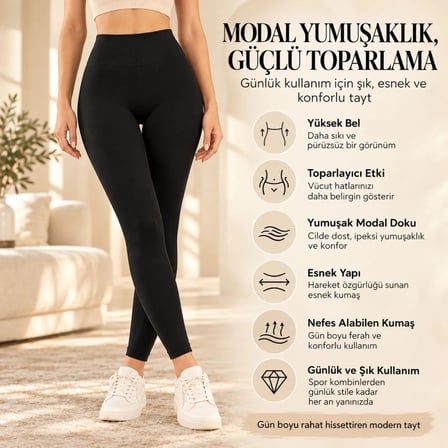 Kadın Toparlayıcı Siyah Modal 3`lü Tayt Yüksek Bel Esnek Rahat Günlük Spor Vücut Şekillendirici Tayt