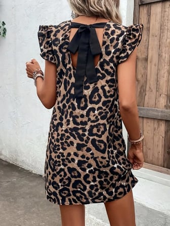 Kadın Kısa Kollu Kolları Fırfır Detay Arkası Bağlamalı Leopar Desen Kolsuz Mini Mikro Elbise