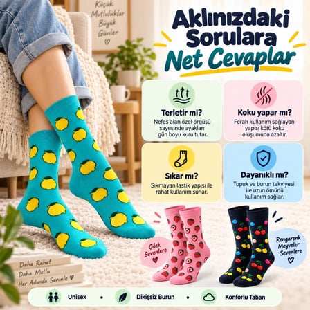 Kadın Ve Erkek Çorap Meyve Desenli Renkli 3`lü Set Uzun Soket Günlük Rahat Çorap Seti