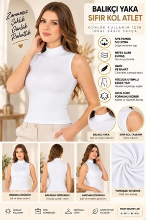 Kadın Balıkçı Yaka Sıfır Kol Atlet Beyaz, Esnek Kumaş, Vücuda Oturan Basic Kolsuz Body - ryl - 2614