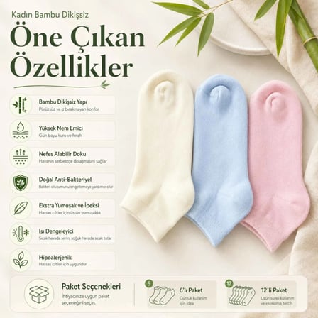 Kadın Bambu Dikişsiz Patik Çorap 6`lı Paket - Yumuşak, Nefes Alan, Nem Emici Kısa Konç Günlük Çorap - Krem, Mavi, Pembe