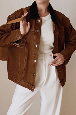 Kadın Taba Kadife Yaka Detaylı Çıt Çıt Düğme Kapamalı Denim Ceket