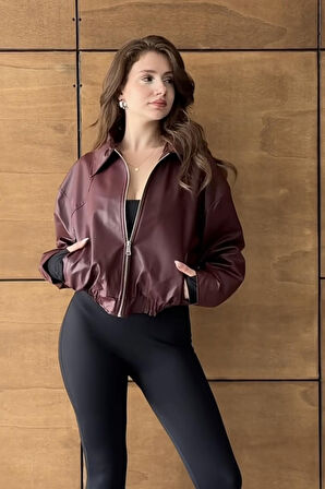 Prifaldi London Oversize Bomber Belden Lastikli Deri Ceket Bordo