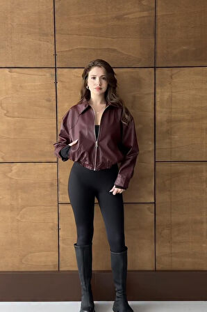 Prifaldi London Oversize Bomber Belden Lastikli Deri Ceket Bordo