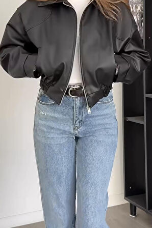 Prifaldi London Oversize Bomber Belden Lastikli Deri Ceket Siyah