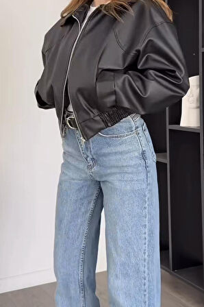 Prifaldi London Oversize Bomber Belden Lastikli Deri Ceket Siyah