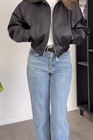 Prifaldi London Oversize Bomber Belden Lastikli Deri Ceket Siyah