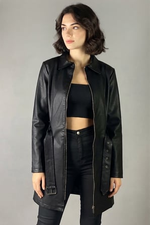 Prifaldi Uzun Belden Kemerli  Siyah Kadın Deri Ceket