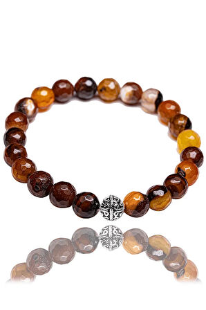 Sertifikalı Fasetli Kızıl Siyah Akik Taşı Bileklik - Gümüş Aparatlı