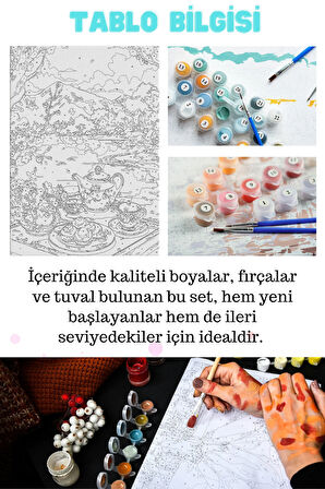 Sayılarla Boyama Çerçeveli Hobi Seti Numaralı Tuval Fırça Boya Dahil Kasnaklı KAHVALTI 40X50 Cm