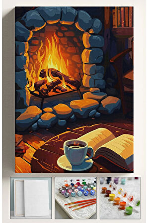 Sayılarla Boyama Çerçeveli Hobi Seti Numaralı Tuval Fırça Boya Dahil Kasnaklı KAHVE VE ATEŞ 40X50 Cm