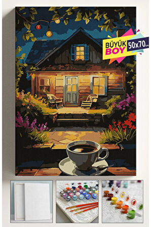 Sayılarla Boyama Seti Numaralı Tuval Fırça Boya Dahil Kasnaklı Set 50x70 Cm - KAHVE VE EV